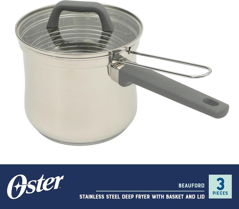 Oster وعاء قلي عميق من الفولاذ المقاوم للصدأ سعة 3.65 لتر مع سلة وغطاء زجاجي - آمن للاستخدام على الموقد، في الفرن وغسالة الصحون، قاعدة مكونة من 5 طبقات، مقبض ناعم الملمس - Image 2